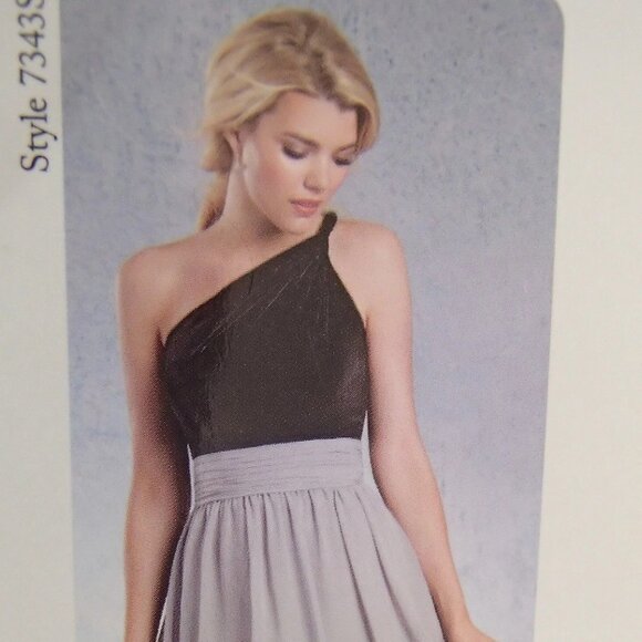 Knee-Length Chiffon Bridesmaids Dress, Black Velvet 1-Shoulder Empire Cummerbund - Picture 2 of 6